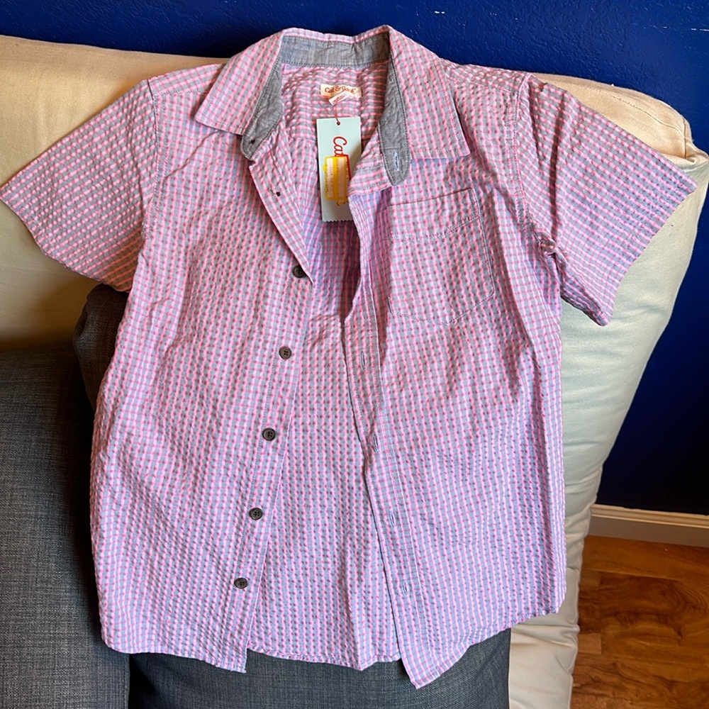 Cat and Jack pink seersucker shirt